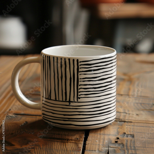 Straight mug with simple European style black and white thick line pattern