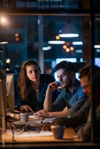 Professional Photography of employees diligently working on their tasks late into the night in a well-lit office space, showcasing dedication, Generative AI