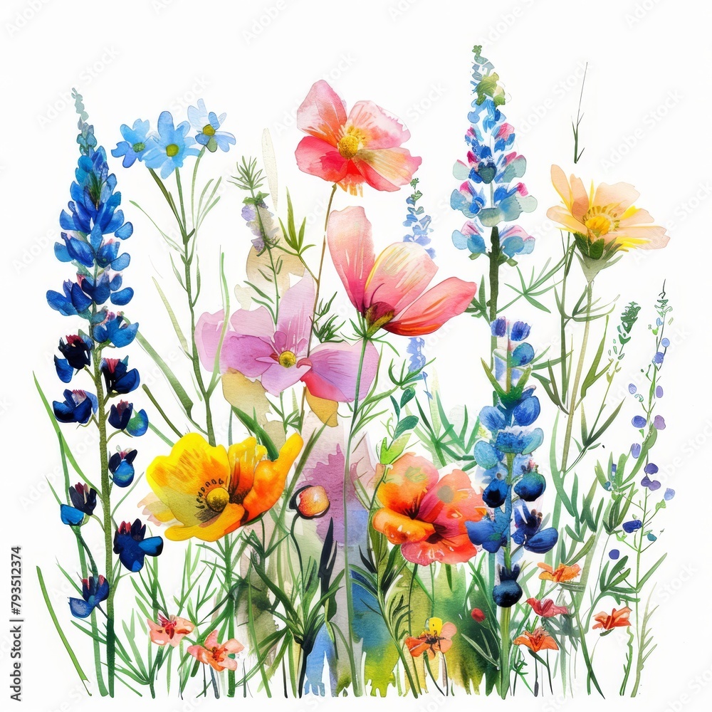 Lush and vivid watercolor summer wildflowers, clipart on white --ar 1:1 Job ID: 41292e69-f820-4edb-a533-02dbb5921ce1