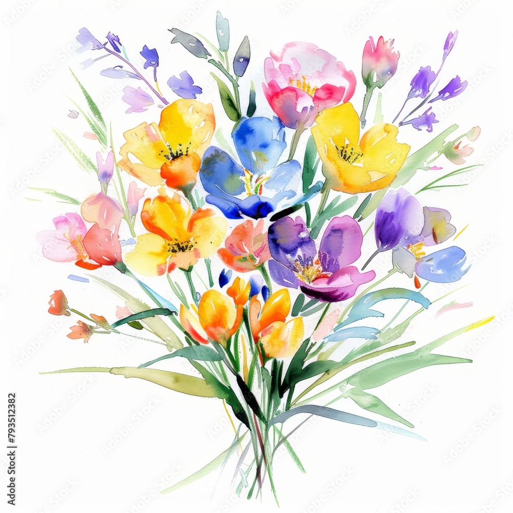 Bright and fresh watercolor bouquet of spring flowers, isolated --ar 1:1 Job ID: 2eaaab6b-3f7c-4bb2-930d-6725dbe3194c