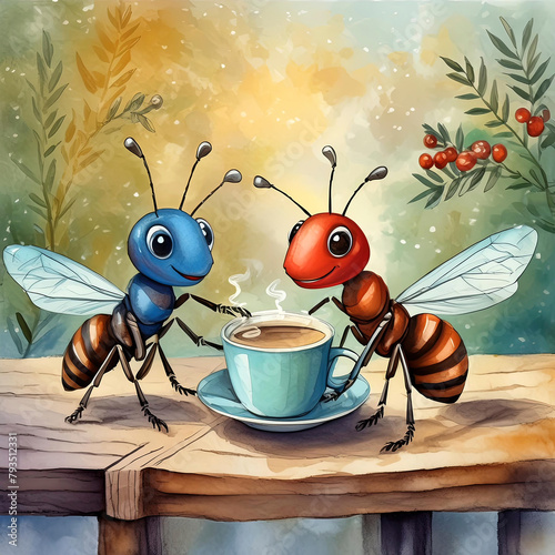 Two flying ants sharing a cup of coffee