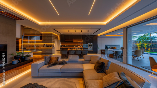 Modern living room with an open plan, featuring a suspended ceiling design, hidden LED strips, and a chic, low-profile couch.