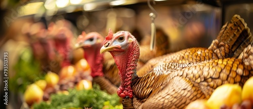 Turkeys in a free-range setting, farm-fresh turkey meats on display photo