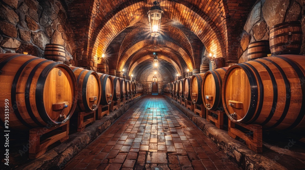 Obraz premium A traditional Italian wine cellar, with rows of wooden barrels under the soft glow of lantern light, AI Generative