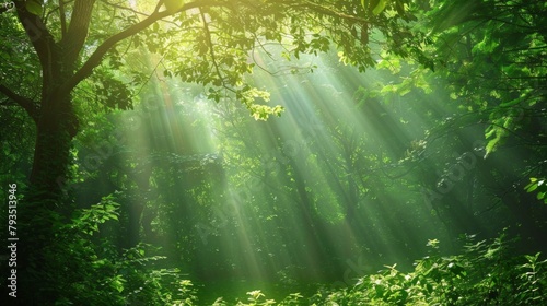 A serene view of beautiful rays of sunlight piercing through the dense canopy of a green forest  AI Generative