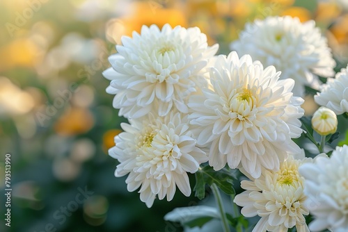 A portrait of white chrysanthemum flowers among nature with a big blurry backdrop and space for text or product advertisement background, Generative AI.
