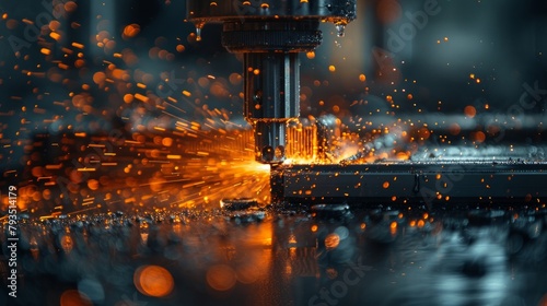Blue laser CNC cutting metal, spark-filled technology display, modern industrial marvel, precision in craftsmanship, AI Generative