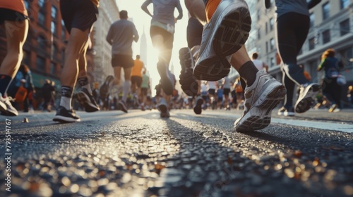 Diverse feet of marathon runners in action on a city street, showcasing the variety of participants and their shared goal. The urban backdr, AI Generative © sorapop