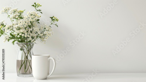 Mug and transparent vase with fresh flowers on a pristine white background, eco-friendly decor, AI Generative