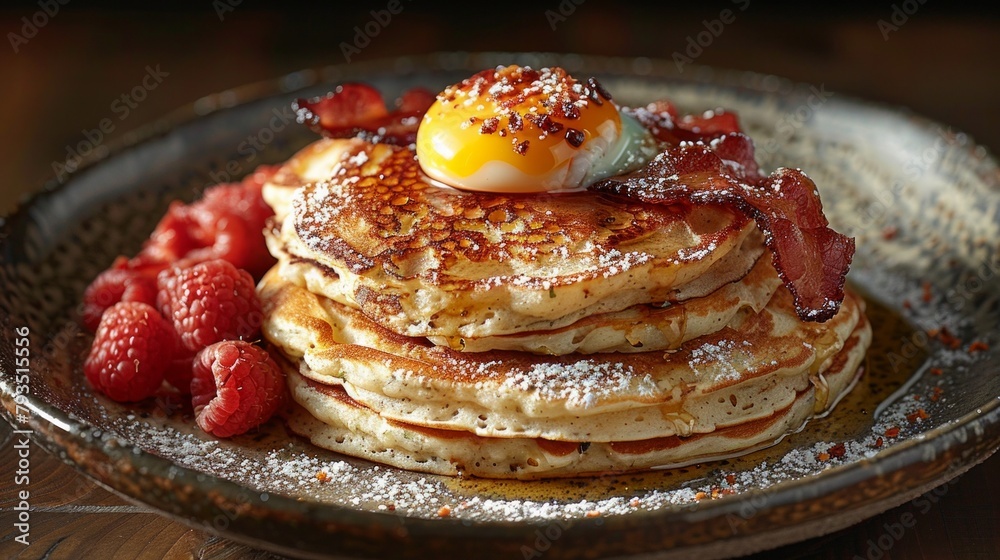 The perfect breakfast ensemble, combining savory bacon, delicate eggs, hearty pancakes, and crisp toast, AI Generative The perfect breakfast ensemble, combining savory bacon, delicate eggs, hearty pancakes, and crisp toast, AI Generative