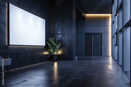 Mockup of a horizontal billboard in the office lobby, against the background of dark walls