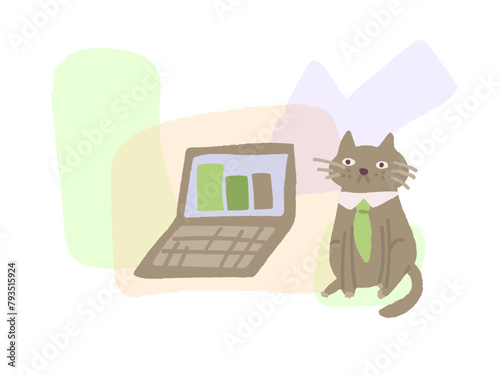 Cat in tie and laptop with bar graph