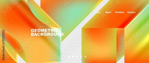 Colorfulness bursts from the amber hues of orange liquid, flowing in fluid shapes on a vibrant geometric background of green rectangles, resembling a terrestrial plant with tints and shades of gas