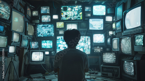 A man with his back to the camera faces a large number of screens displaying numbers and graphs. Fits in with themes related to business, and technology. Can be used as blog, postcard, advertisment.