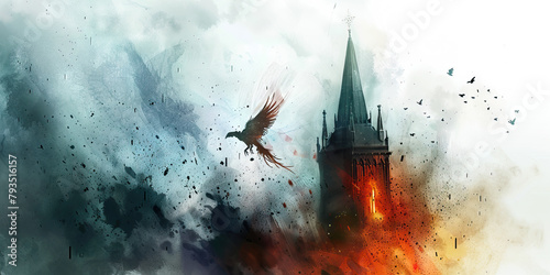 The Collapsed Steeple and Rising Hope - Picture a collapsed steeple with a phoenix rising from the ashes, symbolizing hope and renewal emerging from destruction photo