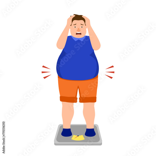 Overweight man standing on body scale in flat design on white background. Weight gain anxiety.