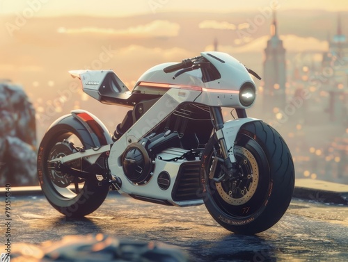 Design a cuttingedge electric cafe racer cruising along a winding cliffside road  its vintage styling contrasted against the futuristic backdrop of a sprawling metropolis on the horizon