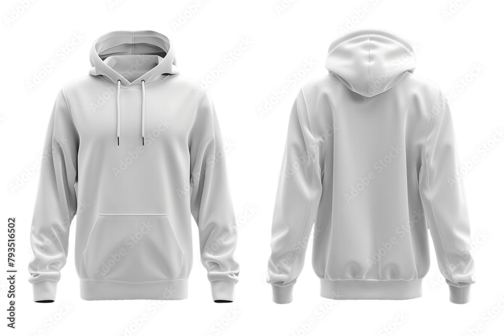 Men's white blank hoodie template,from two sides, natural shape on invisible mannequin, for your design mockup for print, isolated on white background