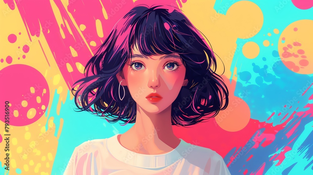 Cute anime character in a minimalist style, standing before a vibrant patterned background, blending traditional cartoon elements with modern anime aesthetics