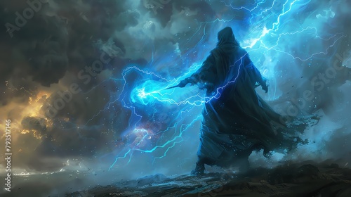 A sorcerer wielding a magic wand that casts reverse thunder  summoning blue lightning bolts that ascend to the sky  against a dark stormy backdrop