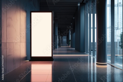 Mockup of a vertical billboard in the office lobby  against the background of dark walls