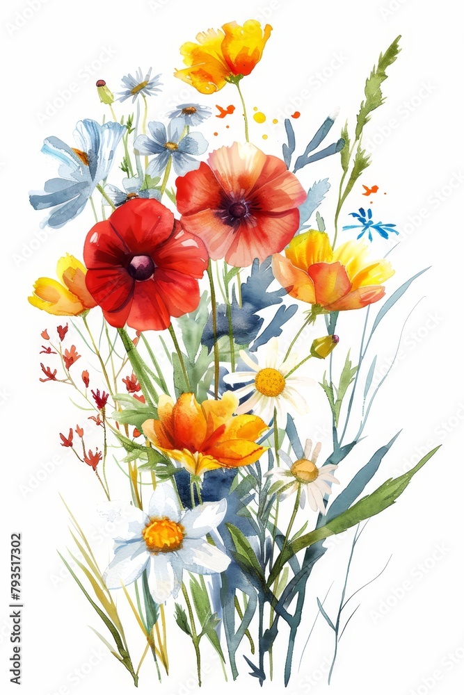 Fresh watercolor summer wildflowers isolated on a white background --ar 2:3 Job ID: 5ea6a573-4fcc-41f0-8980-79b8c825bc5e