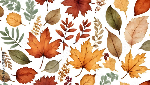 Watercolor seamless pattern with fall flowers and leaves, pressed flower autumn watercolor illustration with a light beige background