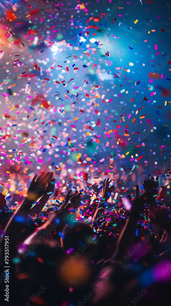 An indoor party scene where a storm of multicolored confetti flies above the crowd, bokeh lights in the background enhancing the feeling of celebration and joy An indoor party scene where a storm of multicolored confetti flies above the crowd, bokeh lights in the background enhancing the feeling of celebration and joy