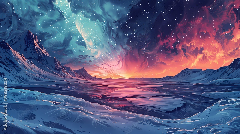 Aurora sky snow scene illustration poster background
