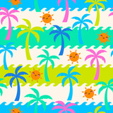 Cute colorful palm tree and cartoon sun with wave background seamless pattern design for summer holidays.