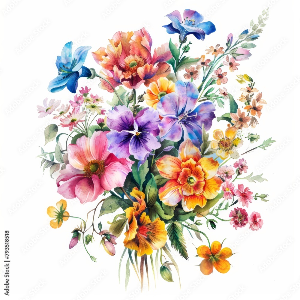 Lush bouquet of spring flowers in vivid watercolors, isolated on white --ar 1:1 Job ID: 84e26de1-a493-486e-a1fd-6fac88229b8e