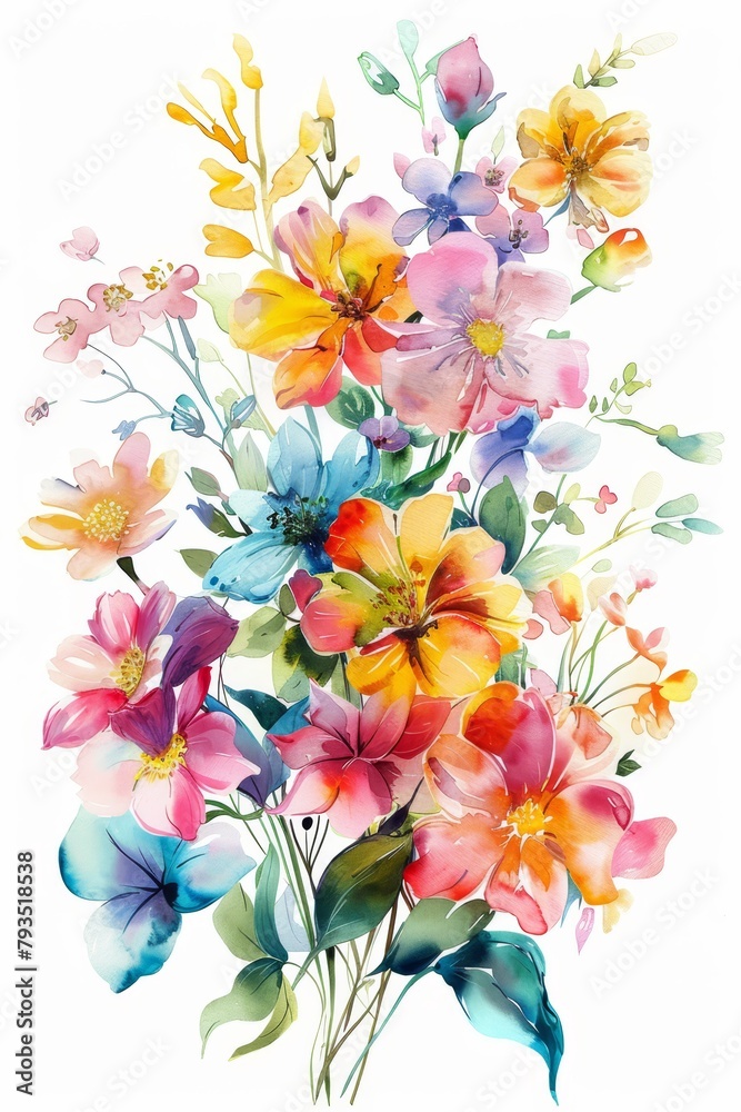 Fototapeta premium Spring flowers in vivid watercolors, bouquet isolated on white