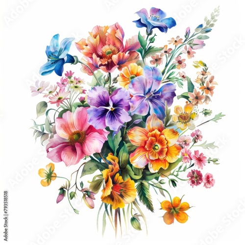 Lush bouquet of spring flowers in vivid watercolors  isolated on white --ar 1 1 Job ID  84e26de1-a493-486e-a1fd-6fac88229b8e