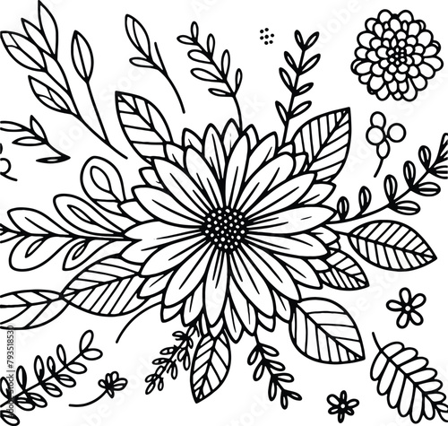 Simple flower coloring page line art black and white Flower logo design