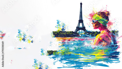 A colorful painting of a female swimmer by eiffel tower, olympic games