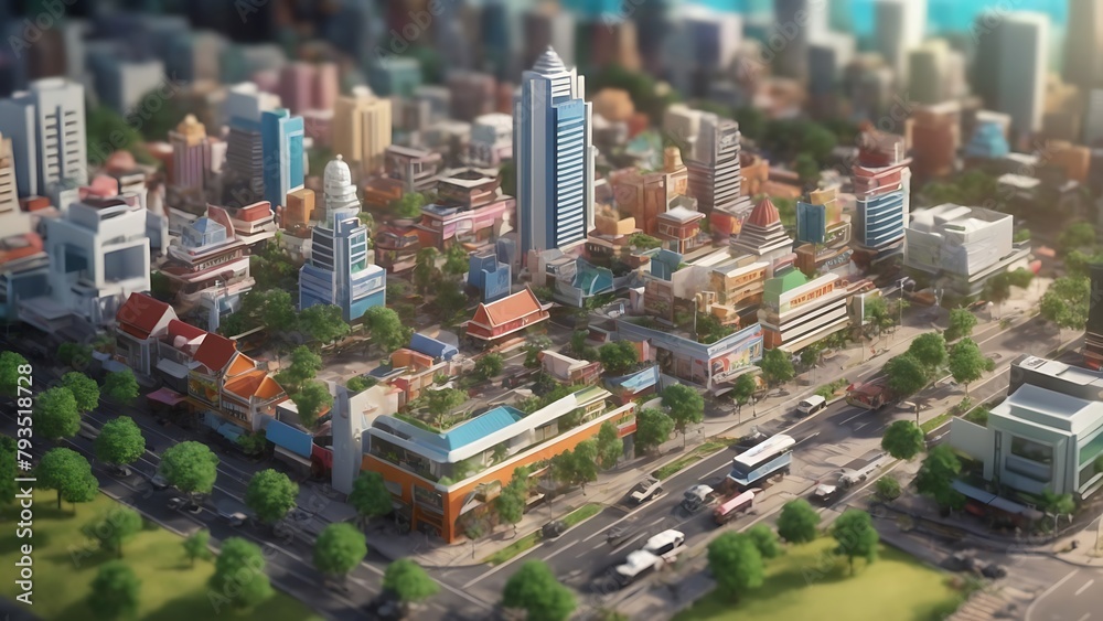 Isometric 3D render of City toy town