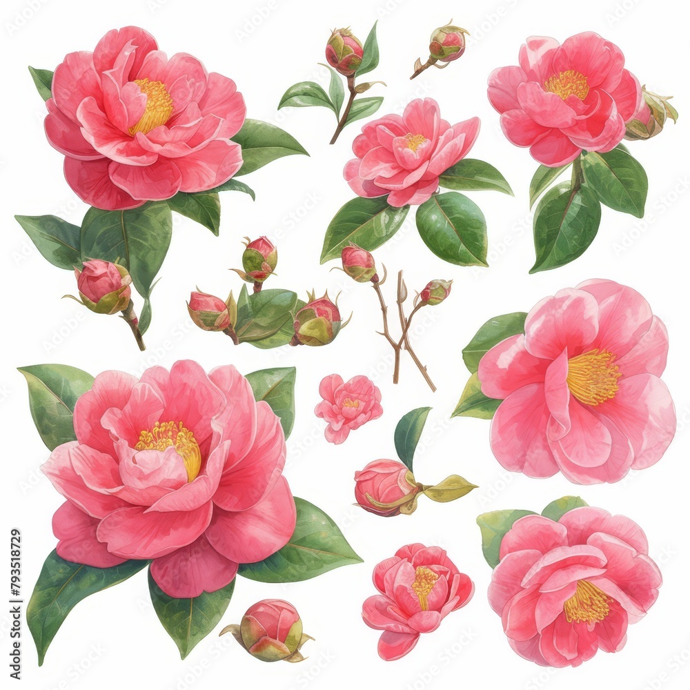 Lush watercolor camellias, a bright spring floral collection, isolated on white, vivid colors and high detail --ar 1:1 --niji 6 Job ID: f5c5c6fe-95fa-4318-84d4-ab2756a7a740