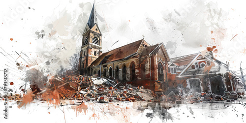 The Demolished Church and Rebuilding Community - Imagine a demolished church with a community coming together to rebuild, symbolizing the unity and strength of religious communities in times of destru photo