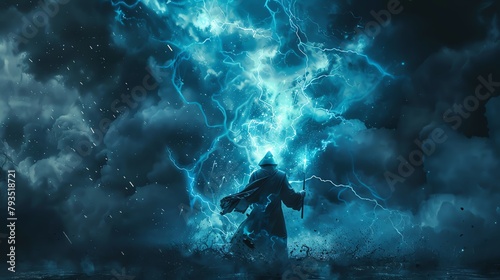A sorcerer wielding a magic wand that casts reverse thunder, summoning blue lightning bolts that ascend to the sky, against a dark stormy backdrop