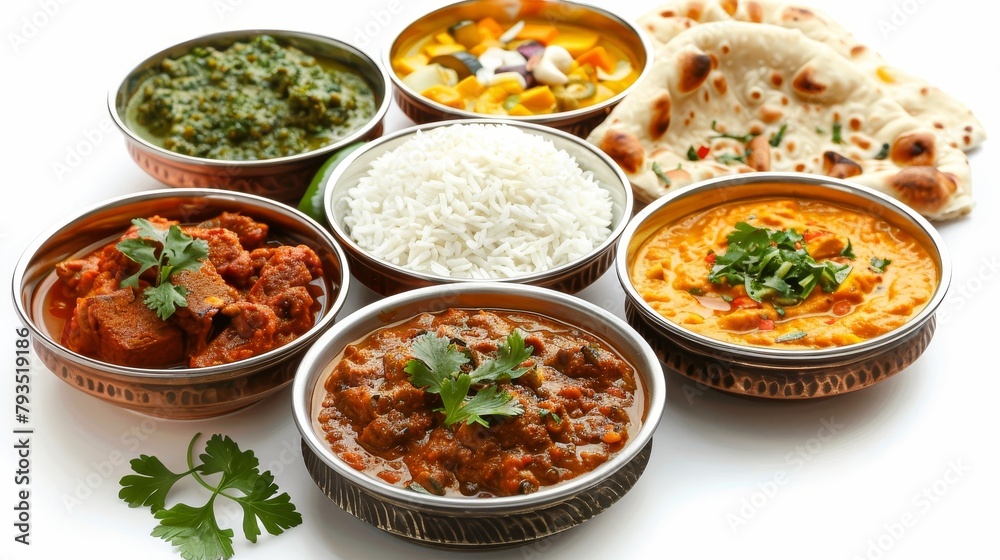 Vibrant array of curry dishes, showcasing rich spices and colorful ingredients, paired with rice and bread for dipping, set against an isolated background, studio lighting Vibrant array of curry dishes, showcasing rich spices and colorful ingredients, paired with rice and bread for dipping, set against an isolated background, studio lighting