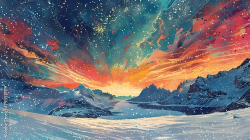 Aurora sky snow scene illustration poster background
