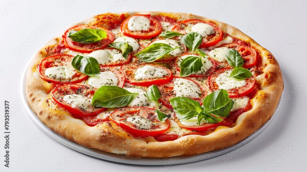 Vibrant and fresh Pizza Margherita, detailed with tomato, mozzarella, and basil, culinary representation of Italy, on a clean isolated backdrop