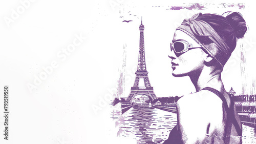A purple painting of a female swimmer by eiffel tower  olympic games