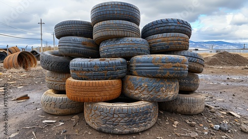 Pile of used car tires in junkyard