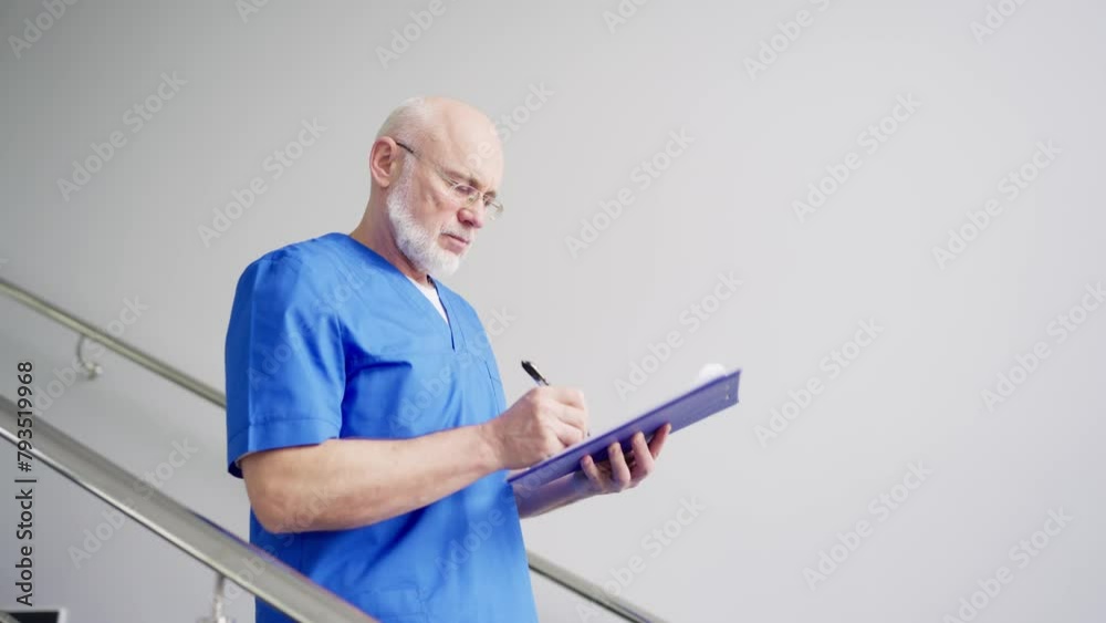 Confident male head doctor with glasses gray beard and blue uniform goes down the stairs and writes down important things on his tablet in a modern clinic. Confident male experienced doctor writes Confident male head doctor with glasses gray beard and blue uniform goes down the stairs and writes down important things on his tablet in a modern clinic. Confident male experienced doctor writes