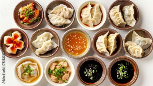 Top view of assorted dumplings  bite-sized parcels of dough filled with pork  chicken  or shrimp  served with dipping sauce  isolated background