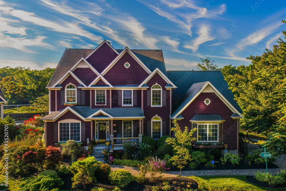 Aerial view of a majestic maroon house with siding, surrounded by a lush suburban lot, traditional windows and shutters gleaming in the sunlight under a blue sky.