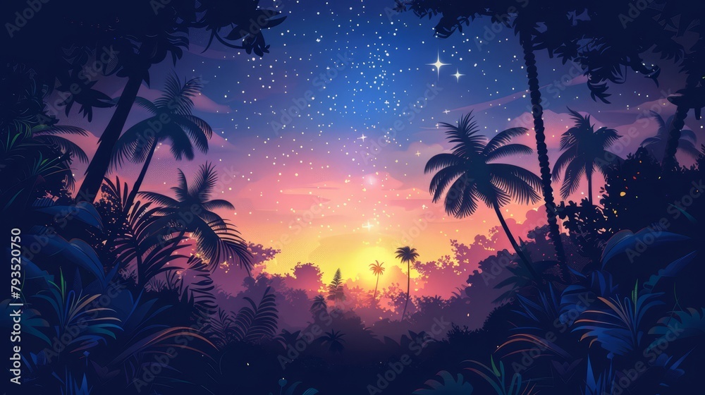 Summer sales banner with tropical astronomy theme, stars and palm silhouettes, night sky colors, starry night copy space