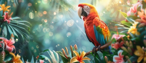Summer sales banner in photorealistic tropical bird paradise, true-to-life colors, detailed bird border, realistic style copy space