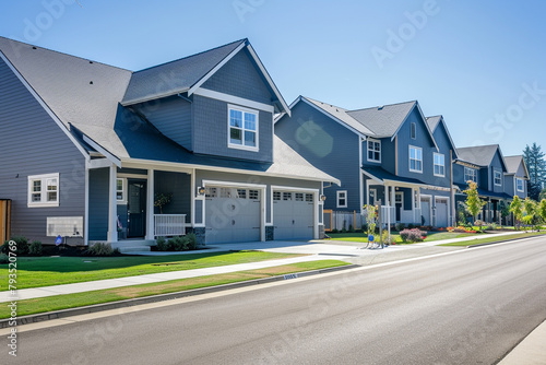 Angle from the street showcasing the full frontage of a pearl gray house with siding, set in a vibrant suburban neighborhood, under a clear sky. © Ibad